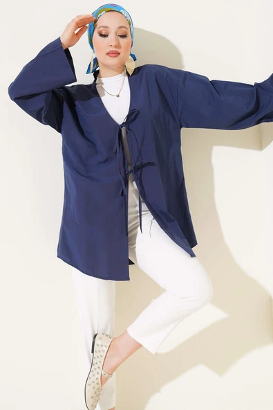 Çift Bağcıklı Poplin Kimono Lacivert ürün görseli 1