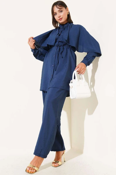 Omuz Fırfır Pelerinli İkili Takım Lacivert ürün görseli 1