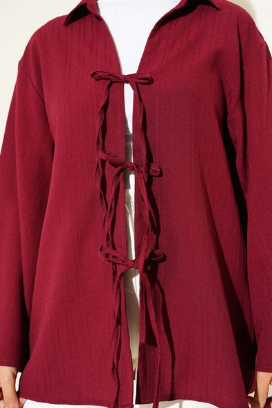 Çizgi Kabartmalı Önden Bağlamalı Kimono Bordo - Resim 4