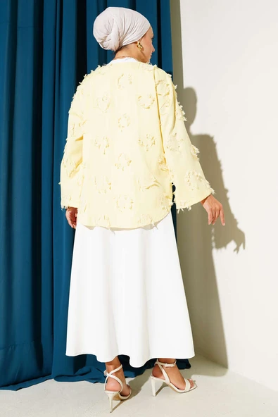 Önü Bağcıklı Püskül Detaylı Kimono Sarı - Resim 3