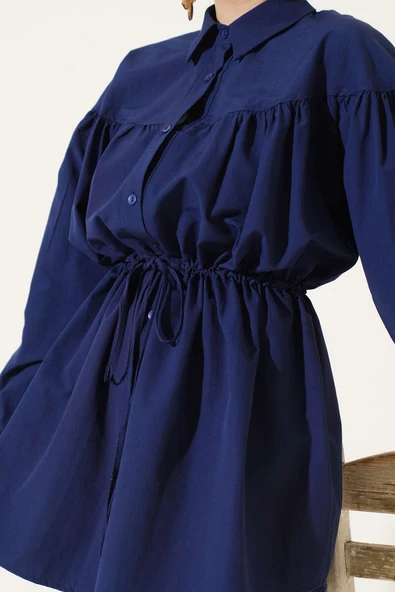 Göğüs Büzgülü Bel Tünelli Gömlek Lacivert - Resim 4