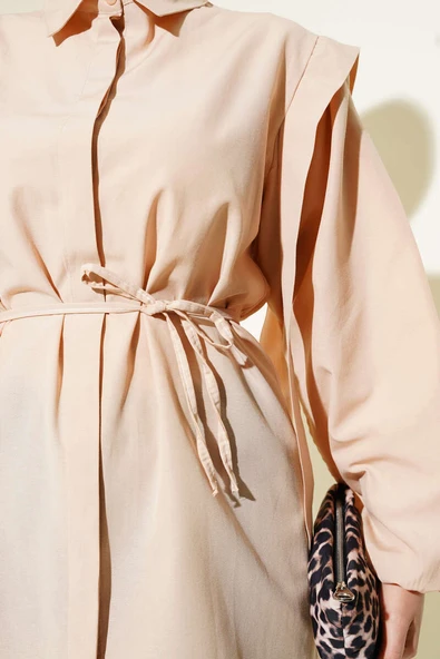 İp Kuşaklı Omuz Pelerinli Gömlek Latte - Resim 4