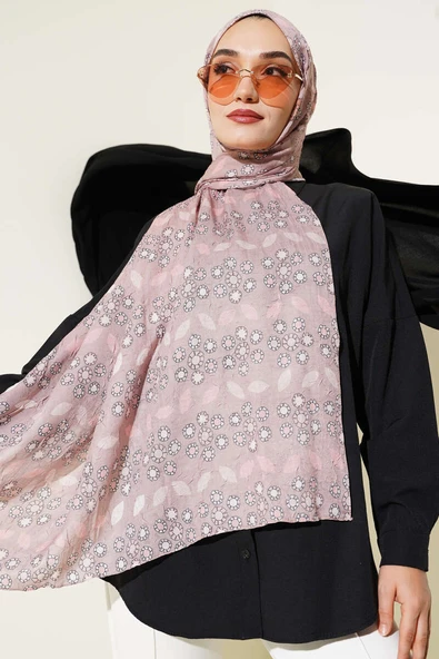 Çiçek Desenli Bambu Kraş Şal Latte - Resim 2