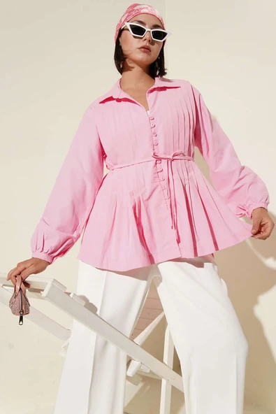 Önü Pilelİ Brit Düğmeli Gömlek Pembe ürün görseli 1