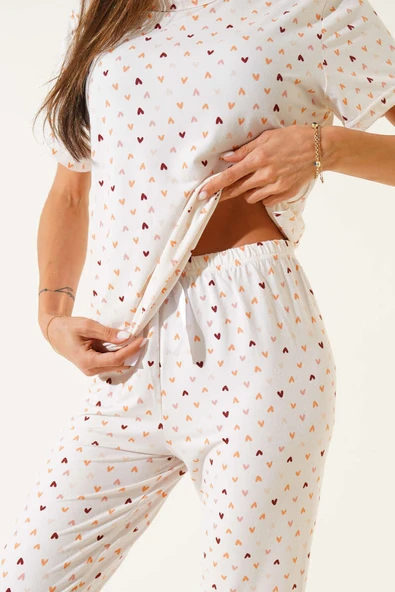 Desenli Bisiklet Yaka Pijama Takımı Ekru - Resim 4