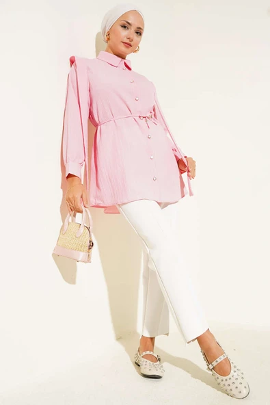 Taş Düğmeli Omuz Pileli Gömlek Pembe - Resim 2