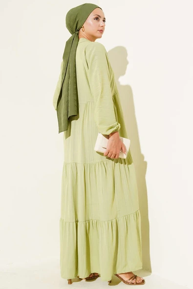Yarım Düğmeli Patlı Kat Elbise Çağla Yeşili - Resim 3