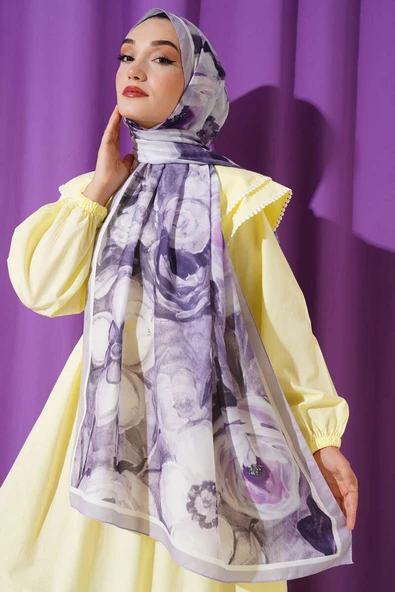 Gül Şerit Geçişli Şal Açık Lila - Resim 2