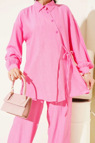Çapraz Düğmeli Bağlamalı Tunik İkili Takım Pembe - Resim 4