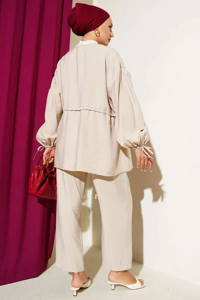 Önü Ve Kolu Bağcıklı İkili Takım Bej - Resim 3