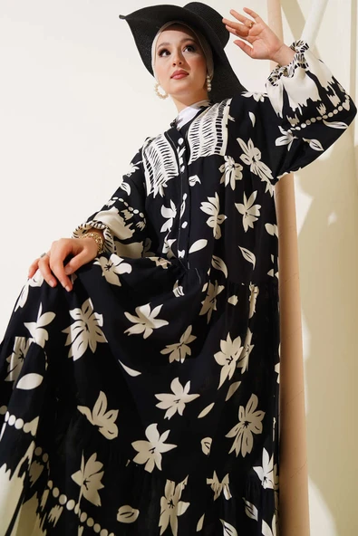 Bilek Lastikli Çiçek Desenli Elbise Siyah - 2