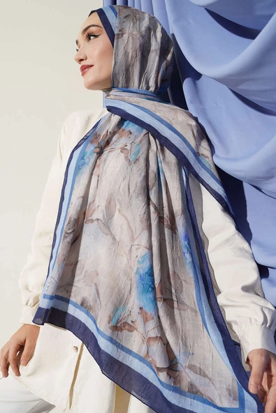 Flower Desen Bambu Kraş Şal Lacivert - Resim 3