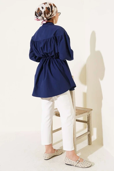 Göğüs Büzgülü Bel Tünelli Gömlek Lacivert - Resim 3