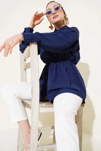 Göğüs Büzgülü Bel Tünelli Gömlek Lacivert ürün görseli 1