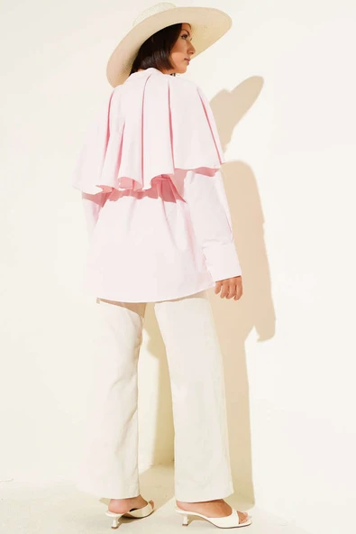 Pelerinli İp Kuşaklı Gömlek Pembe - Resim 3