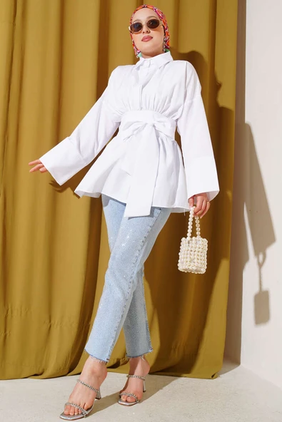 Kendinden Kuşaklı Önü Büzgülü Tunik Beyaz - Resim 2