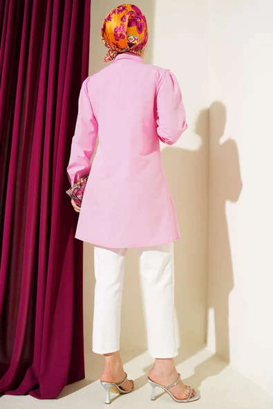 Önü Fırfır Taş Şerit Geçişli Düğmeli Gömlek Pembe - Resim 3