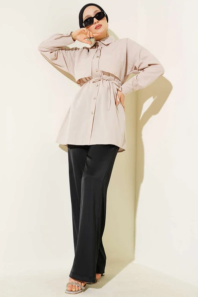 Mini Taşlı Pelerinli Tunik Bej - Resim 2