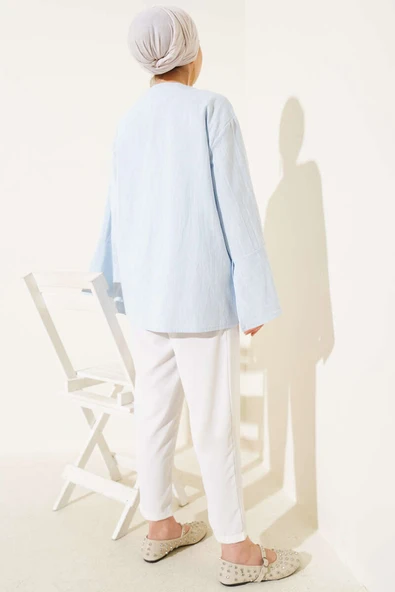 Önü Bağcıklı Geniş Kol Kimono Mavi - 3