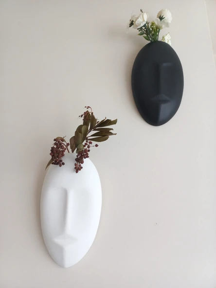 Dekoratif 2'li Yüz Duvar Vazosu, Duvar Süsü ,Heykel Aksesuar Siyah Beyaz maske - Resim 4