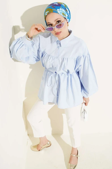 Bel Tünelli Büzgü Detaylı Gömlek Buz Mavisi ürün görseli 1