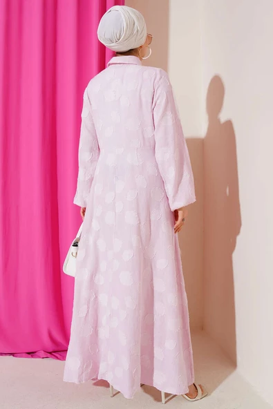 Benekli Yarım Düğmeli Elbise Pembe - Resim 3