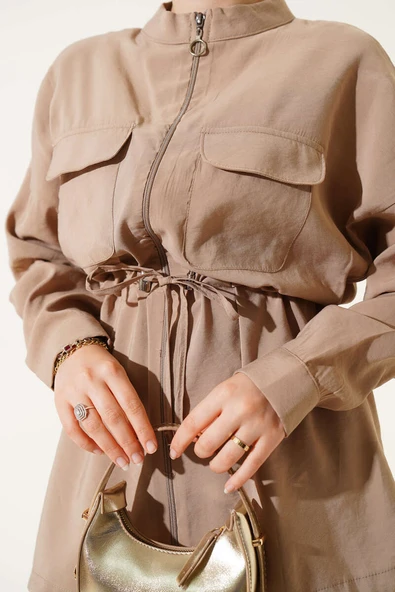 Fermuarlı Beli Tünelli İkili Takım Latte - Resim 4