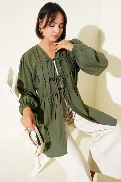 Önü Büzgülü Bilekleri Lastikli Kimono Haki ürün görseli 1