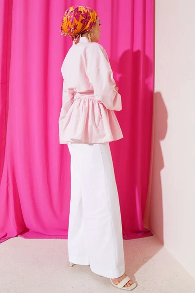 Kuşak Büzgülü Yarım Düğmeli Tunik Pembe - Resim 3