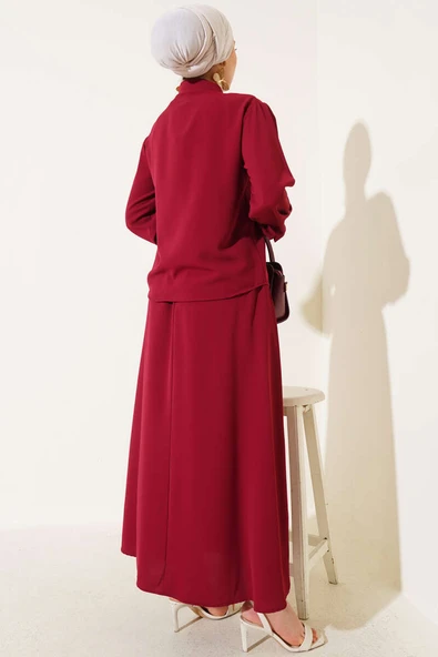 V Dikişli Etekli İkili Takım Bordo - Resim 3