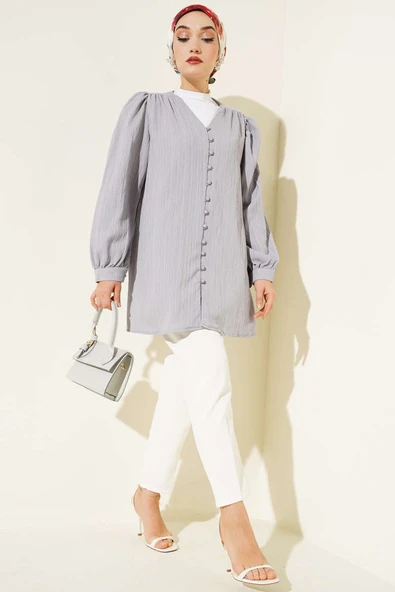 Brit Düğmeli Krinkıl Gömlek Gri - Resim 2