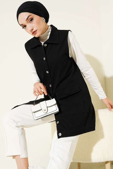 Cepli Kapaklı Kot Yelek Siyah ürün görseli