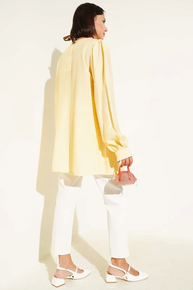 Brit Düğmeli V Yaka Gömlek Sarı - Resim 3