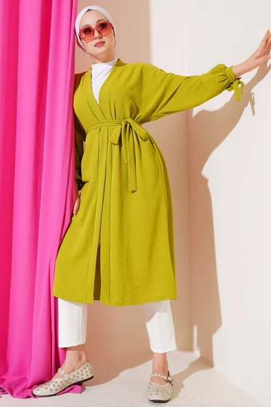 Bilek Bağlamalı Uzun Kimono Yağ Yeşili - Resim 2