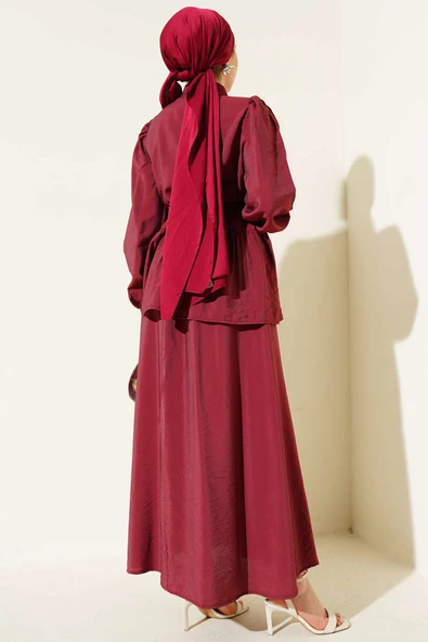 Kare Düğmeli Kemerli Etekli Takım Bordo - Resim 3