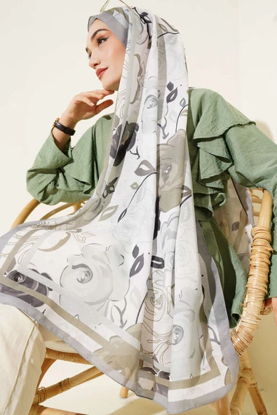 Gül Motifli Şal Gri ürün görseli 1