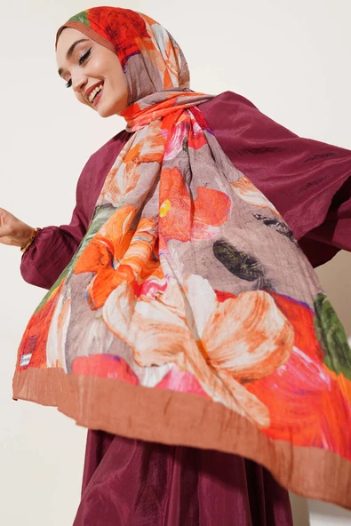 Ebruli Desenli Soft Kraş Şal Taba - Resim 2