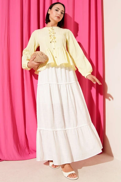 Kurdeleli Fırfır Detaylı Gömlek Sarı - Resim 2