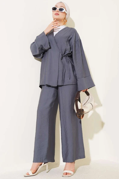 Yandan İp Bağcıklı Kimono İkili Takım Fume ürün görseli 1