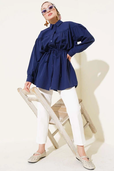 Göğüs Büzgülü Bel Tünelli Gömlek Lacivert - Resim 2