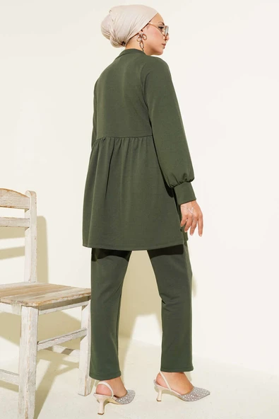 Taş Düğme Detaylı İkili Takım Haki - Resim 3