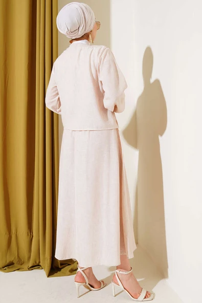 Brit Düğmeli Önü Pileli Etekli Takım Bej - 3