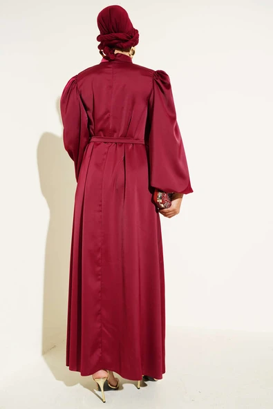 Balon Kol Saten Abiye Bordo - Resim 3