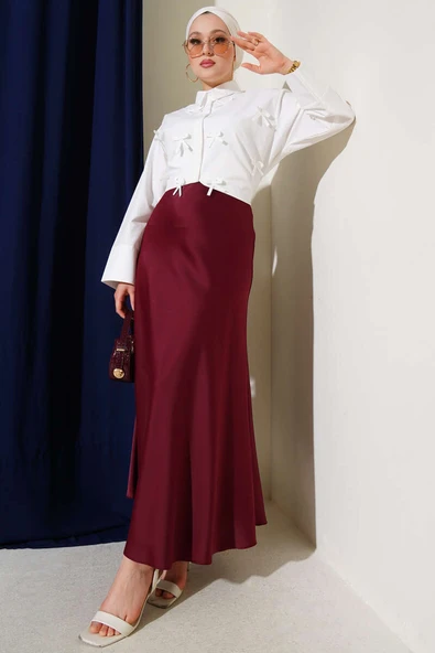 Bel Lastikli Saten Kloş Etek Bordo - Resim 2