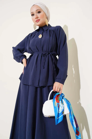 Gizli Düğmeli Kuşaklı Etekli İkili Takım Lacivert - Resim 2