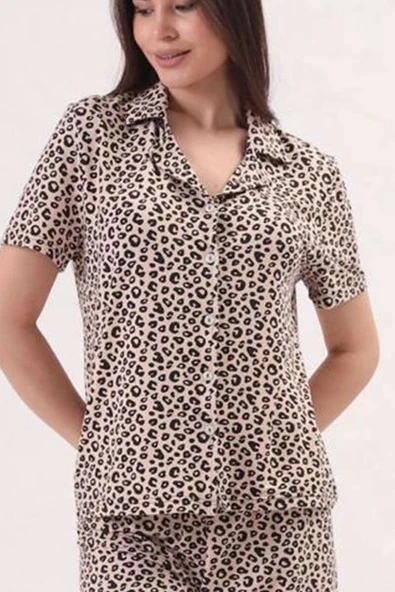 Desenli Gömlek Yaka Şortlu Pijama Takımı Latte - Resim 2