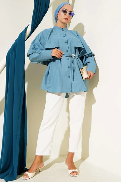 Pelerinli İp Kuşaklı Gömlek Indıgo - Resim 2