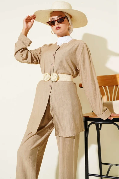 V Yaka İp Kuşaklı İkili Takım Latte - Resim 2