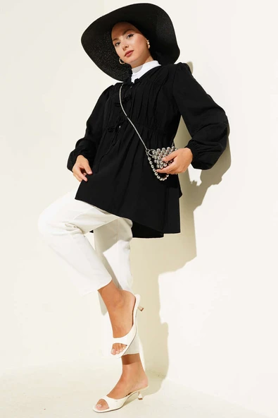 Önü Büzgülü Bilekleri Lastikli Kimono Siyah - Resim 2