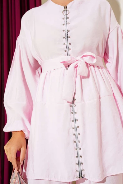 Fermuarlı Taş Detaylı İkili Takım Pembe - Resim 4